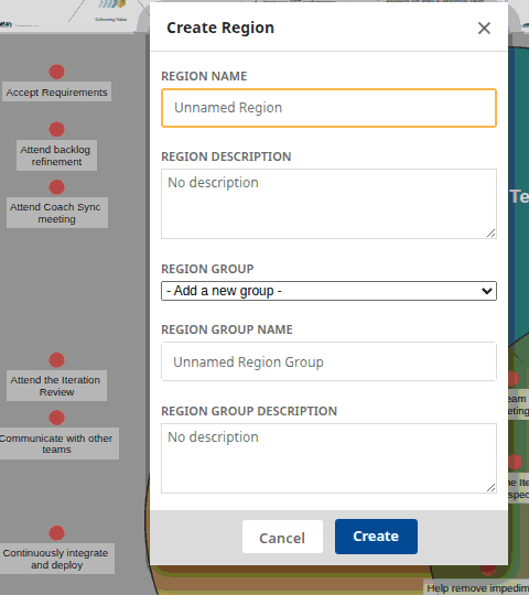 The Create Region modal with the Region Group dropdown set to "Add a new group", showing the additional Region Group Name and Region Group Description fields below it.